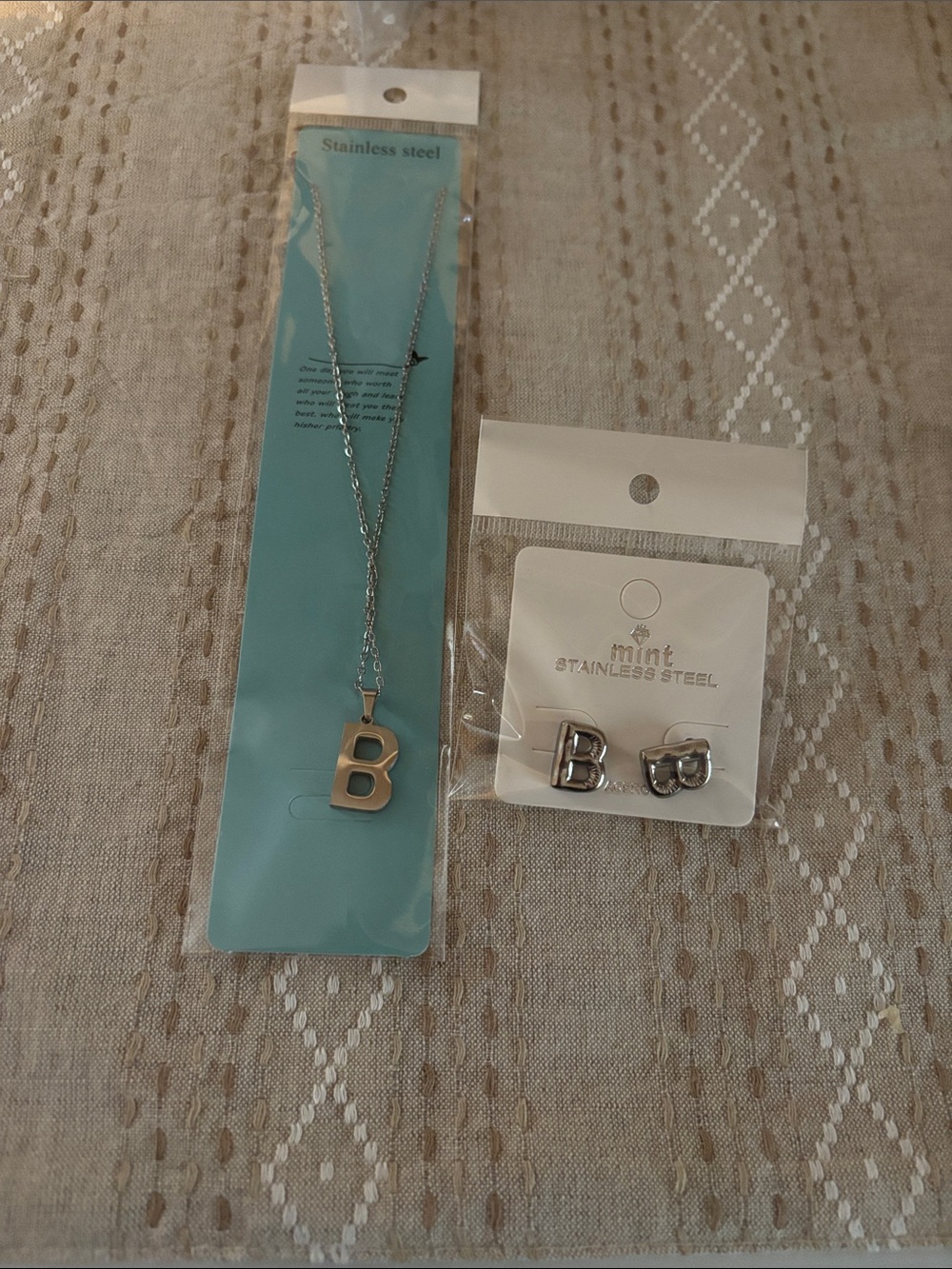 Mint Silver 'B' Initial Necklace and Earrings Set
